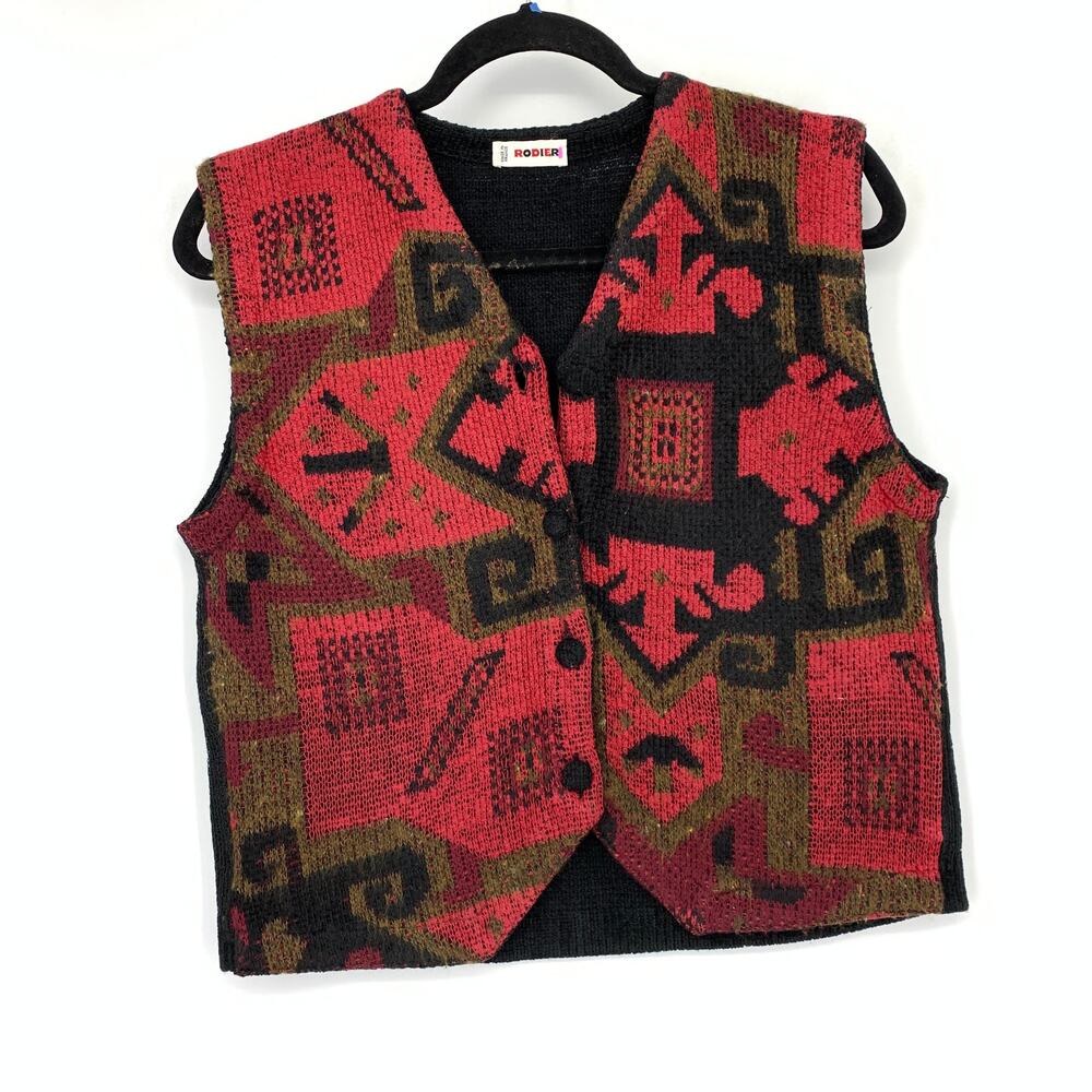 Vintage Rodier Colorful Woven Vest Womens Apx Sz M/L Red Black Button Front